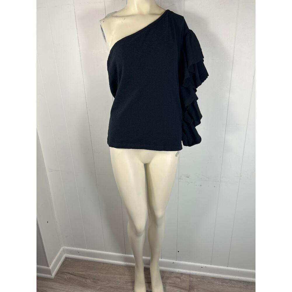By Anthropologie Ruffled One-Shoulder Top in Black. Size XL - Picture 3 of 6